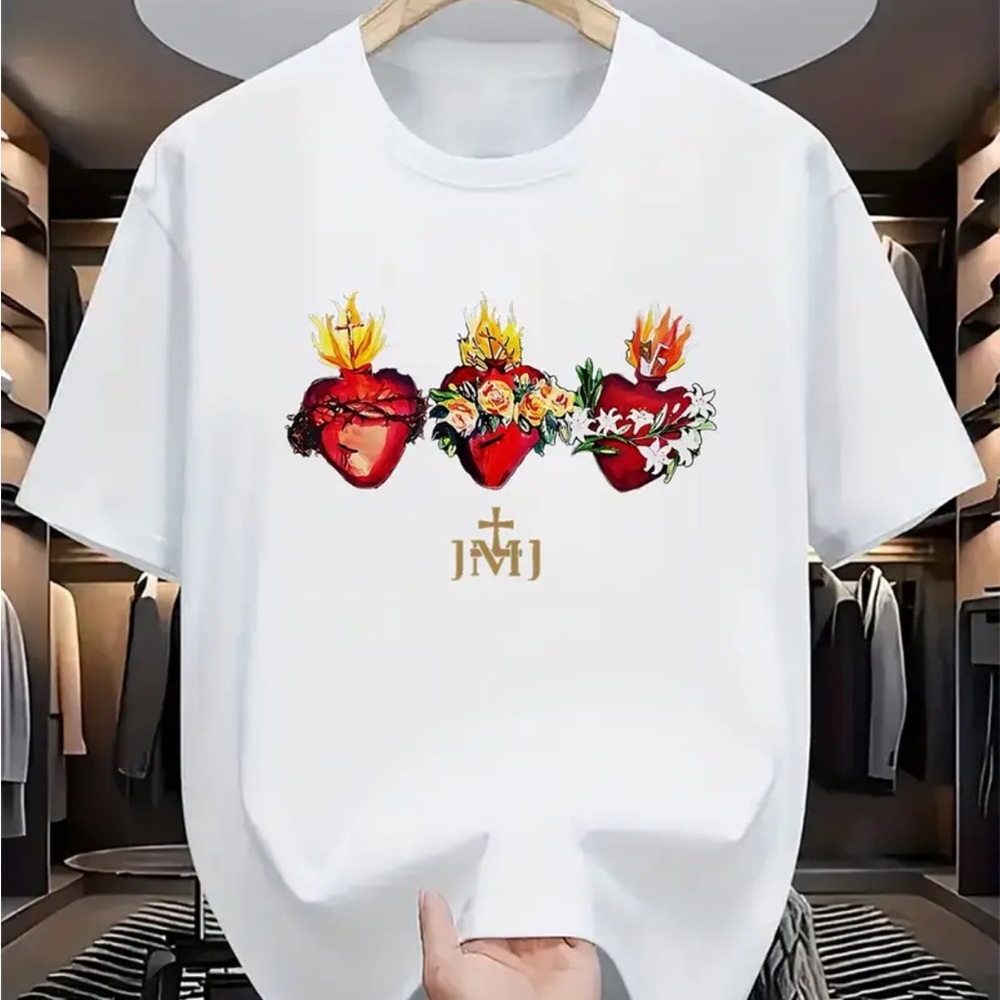 Three Sacred Hearts White Unisex Shirt Jesus, Mary and Joseph JMJ Catholic gift